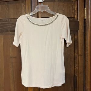 White color round neck beaded collar accent shirt by loft